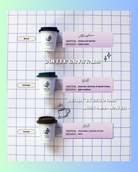 Coffee packaging with coffee capsules and labels on a grid background