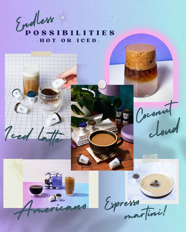 Collage of coffee-themed images with text on a colorful background