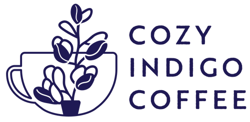 Blue minimalist logo with coffee cup and plants | Cozy Indigo Coffee