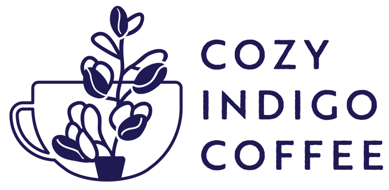 Blue minimalist logo with coffee cup and plants | Cozy Indigo Coffee