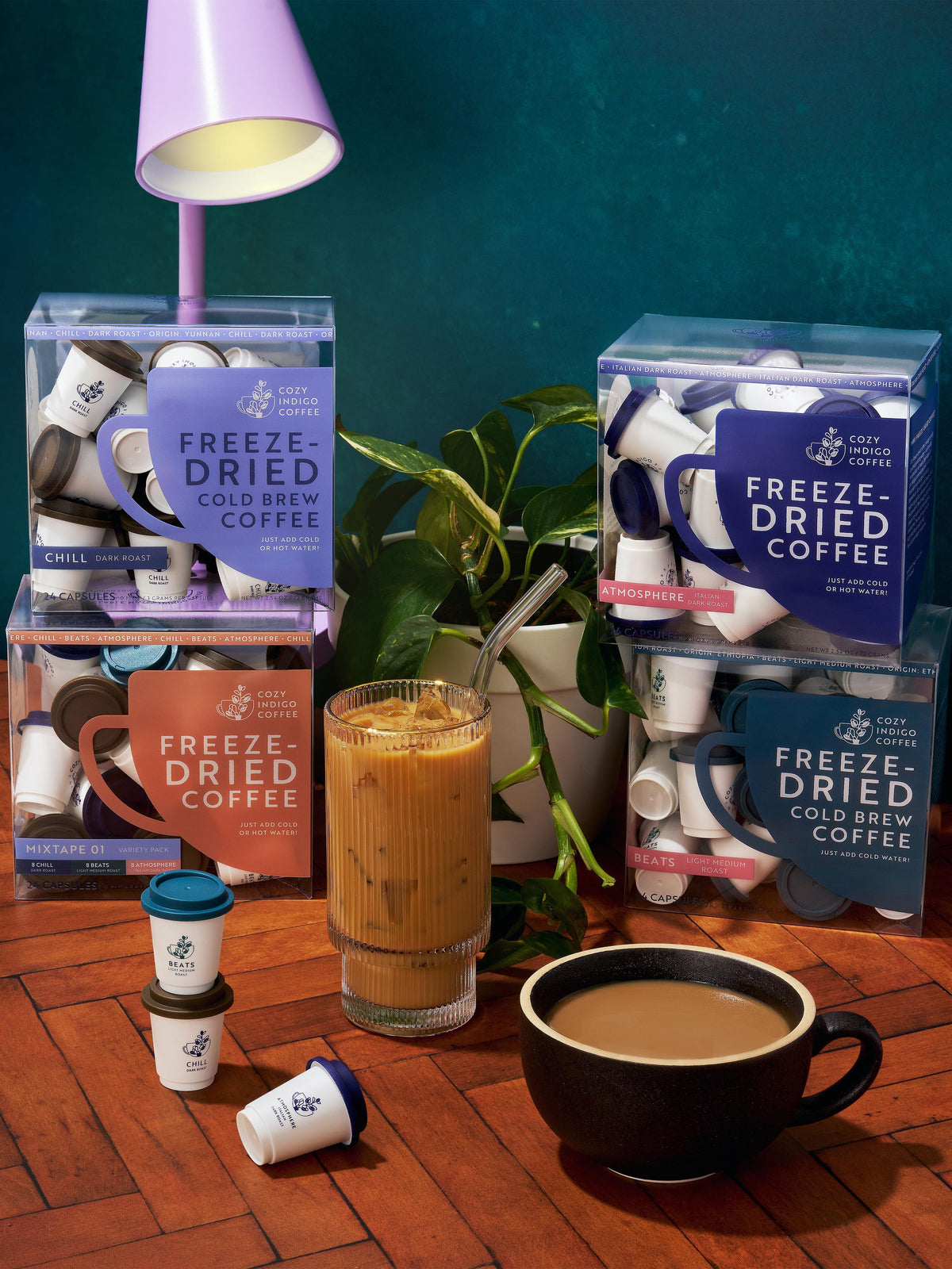 Freeze-dried coffee, mugs, and iced coffee setup | Cozy Indigo Coffee