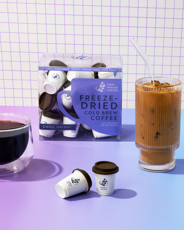 Freeze-dried cold brew coffee (CHILL) packaging with a glass of iced coffee on a checkered background