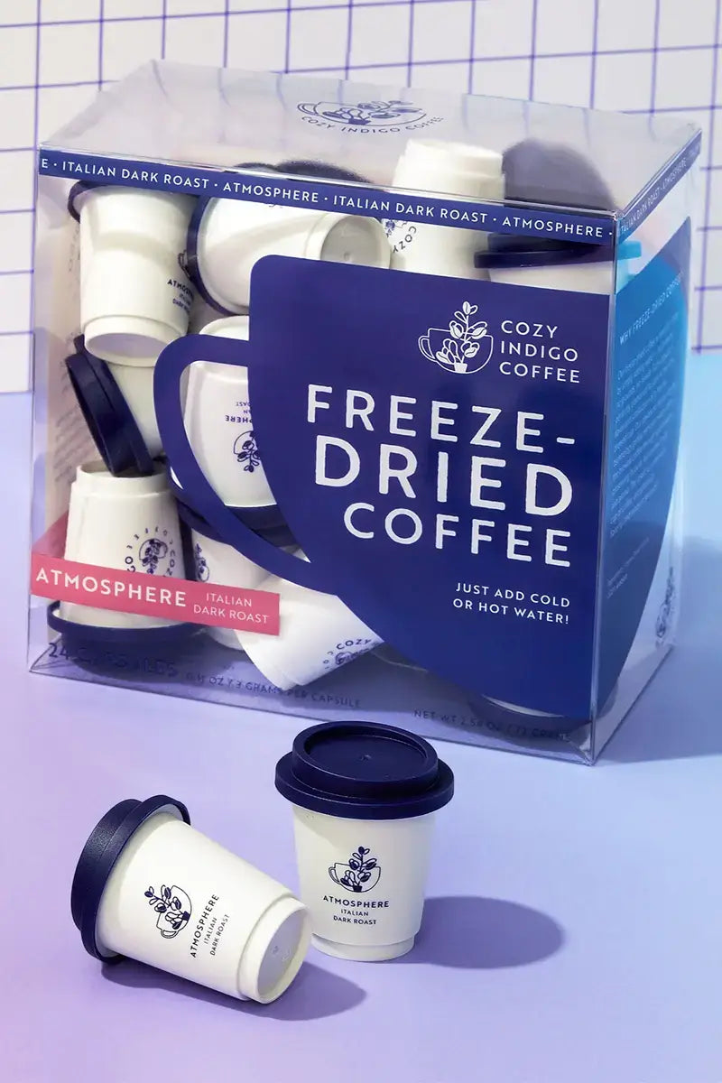 Clear packaging with blue label, freeze-dried coffee cups | Cozy Indigo Coffee