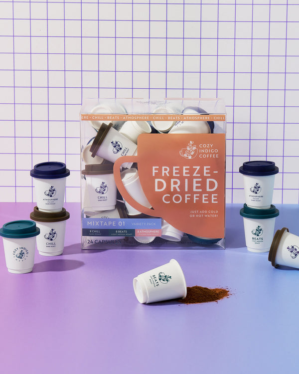 Freeze-dried coffee packaging with cups on a grid background
