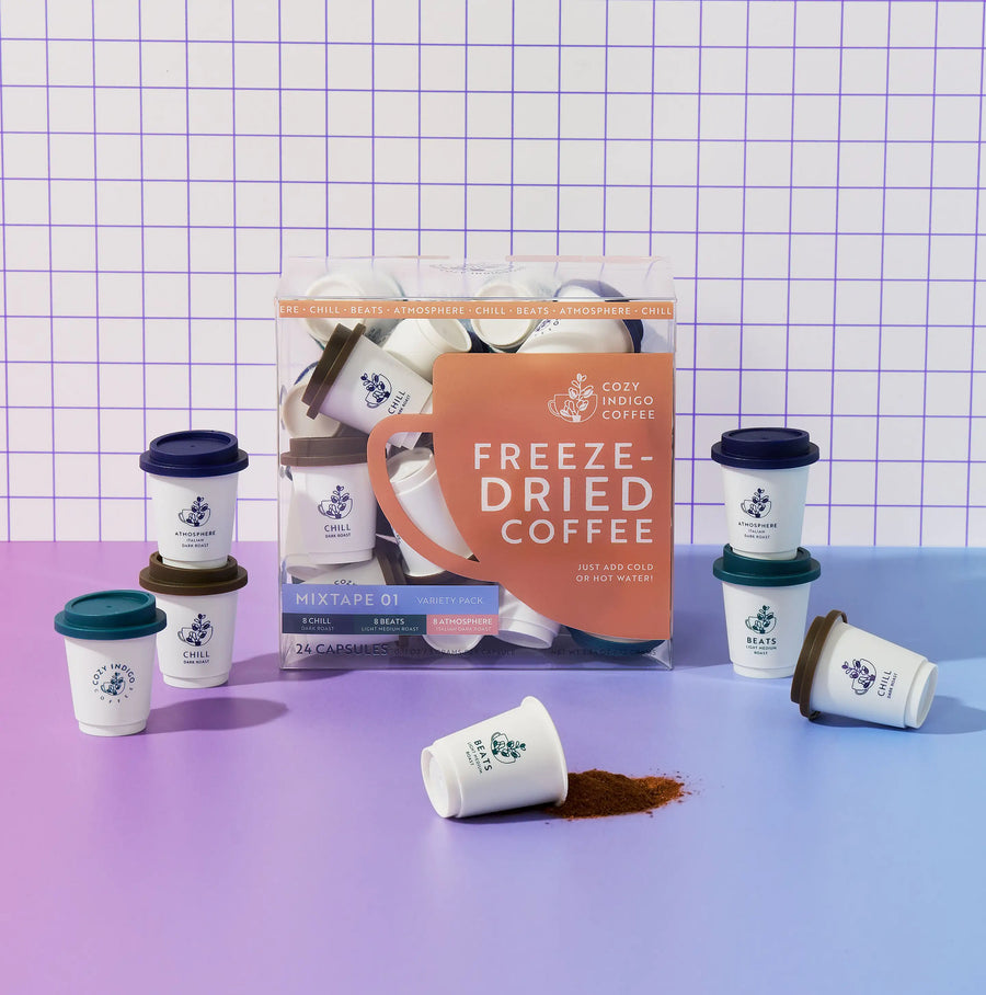 Freeze-dried coffee capsules on gradient grid | Cozy Indigo Coffee